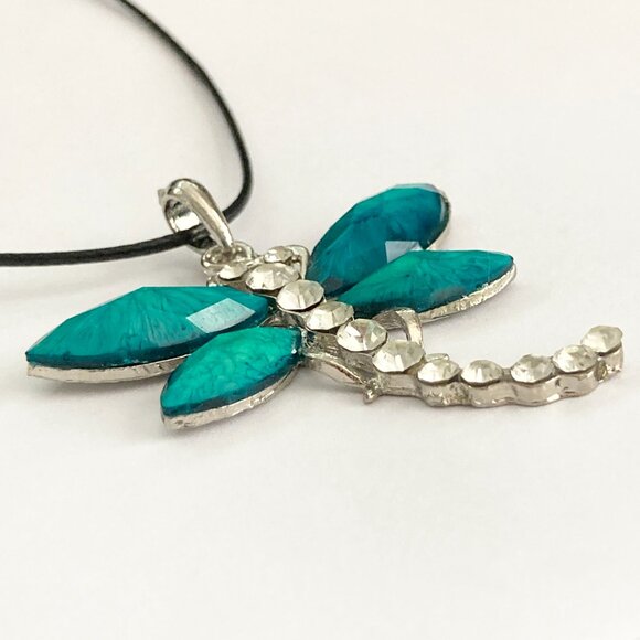 Vtg Dragonfly Necklace Pendant Insect Aqua Crystal Silver Plated Black Cord 18" - Picture 6 of 10